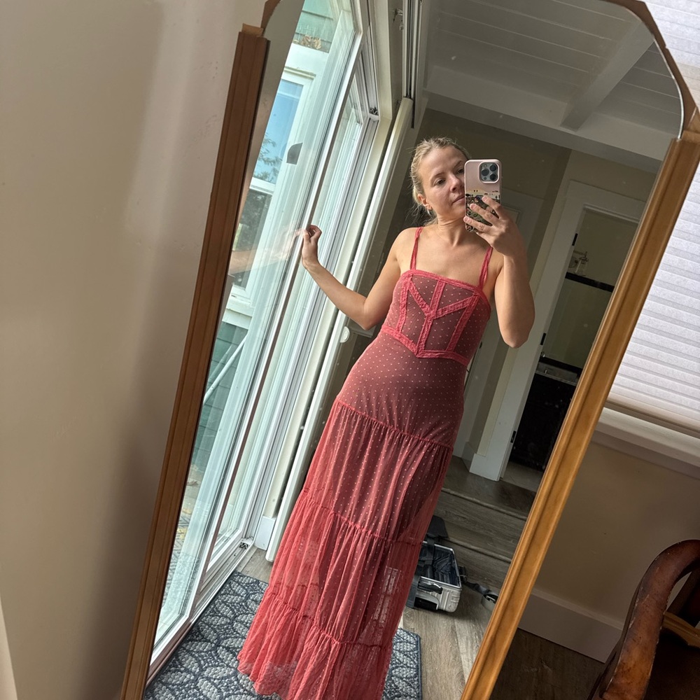 Red Spotted Tiered Maxi Dress with Corset Bodice